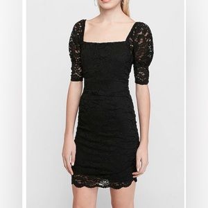 Express lace mini dress with short puff sleeves, size M